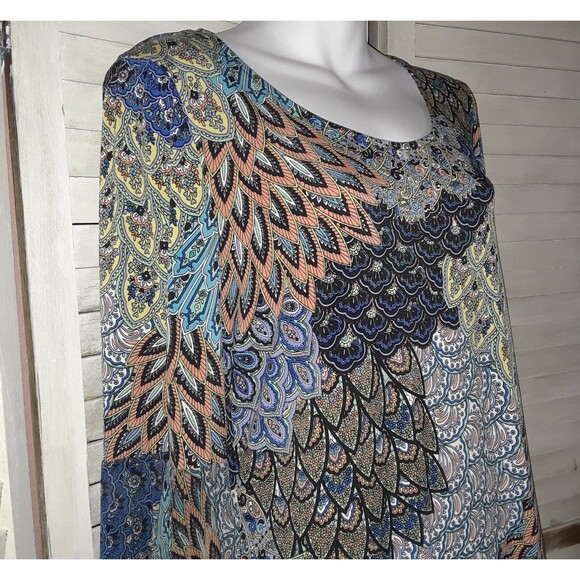 Boho Women's Dress Size Large Multicolored Peacock Stretch Split Flare Sleeve - Picture 3 of 9